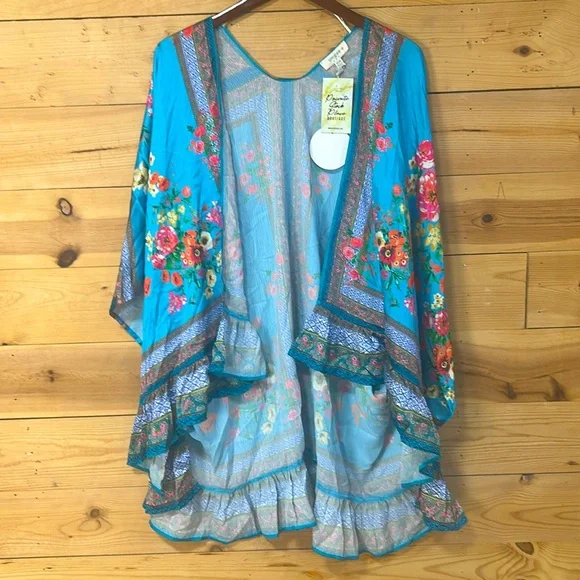 NWT Umgee boho turquoise silky floral kimono swim cover wrap poncho ruana XL 1X - Picture 14 of 16